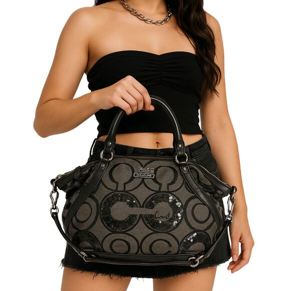 Coach Madison Sophia Sequin Op Art Satchel – Black/Gunmetal (Style 18940) - Picture 2 of 9
